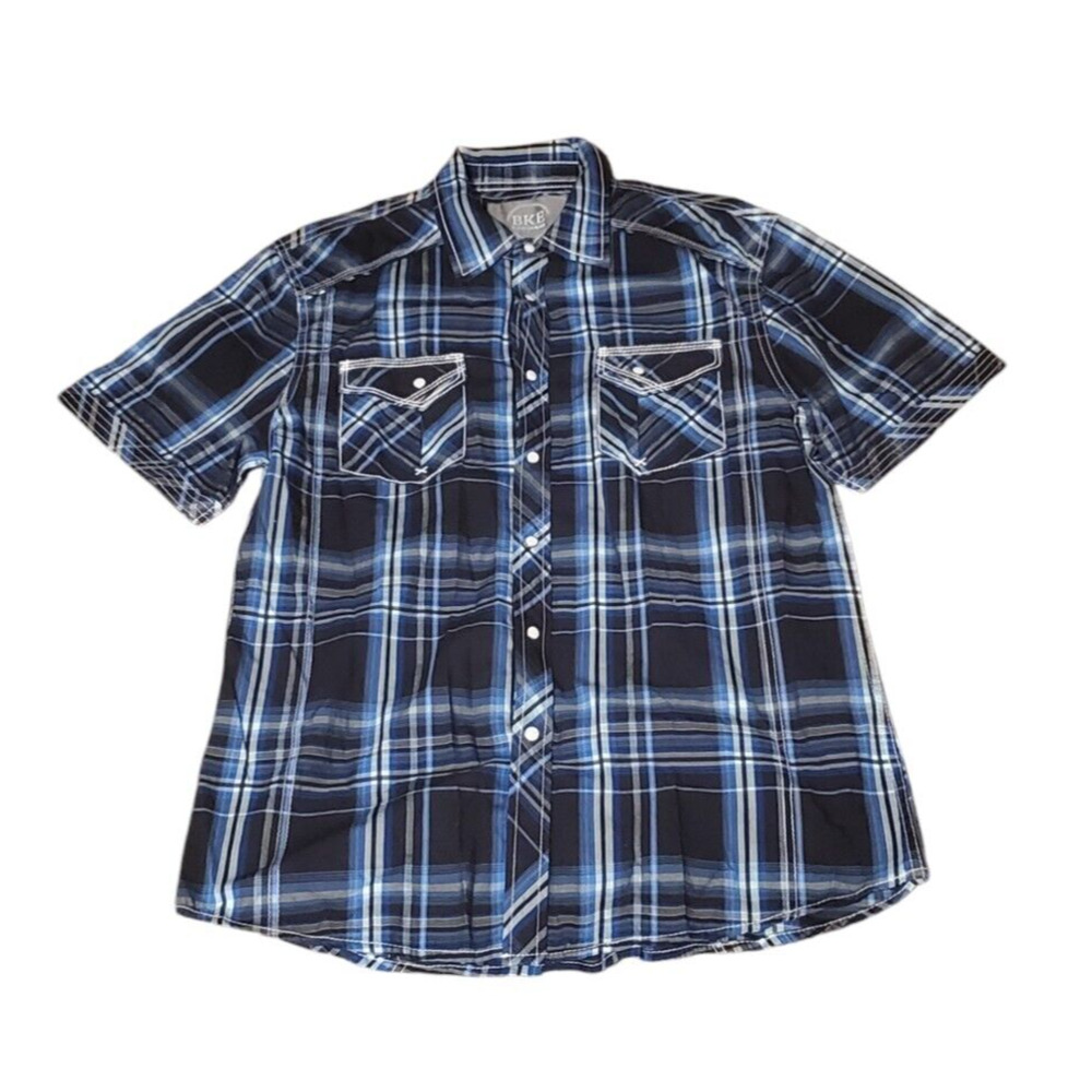BKE Buckle Shirt Blue Pearl Snap Plaid Short Sleeve Western Country Men Large